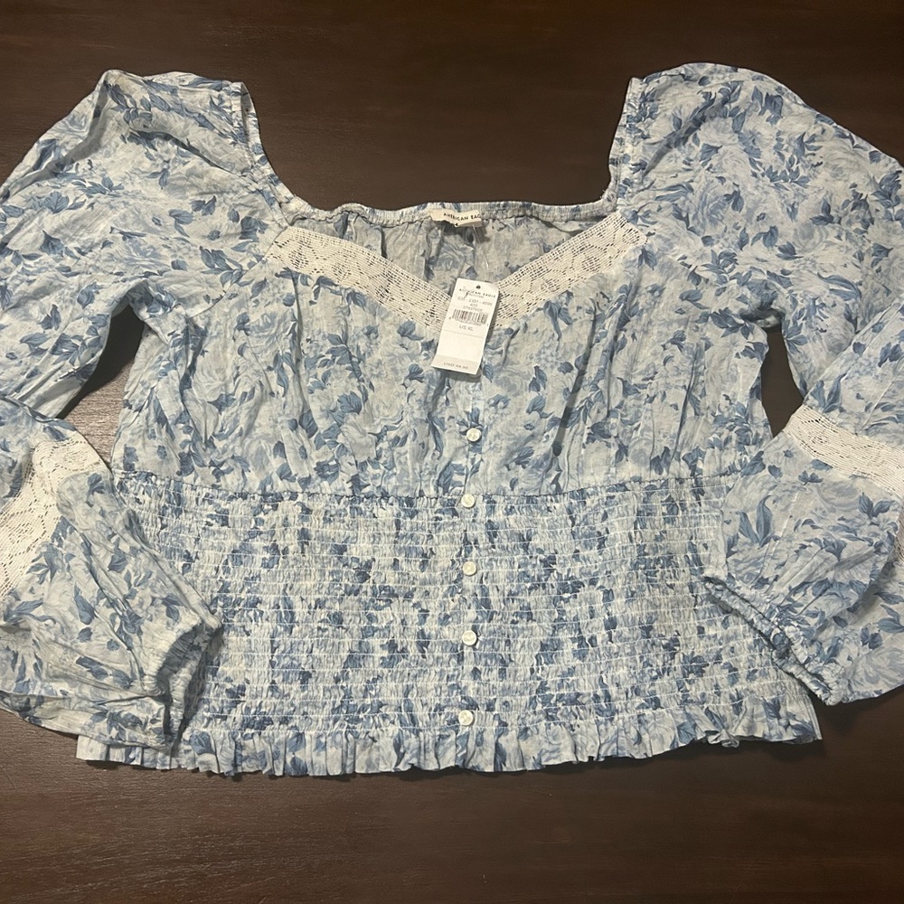 American Eagle Outfitters Blue Floral Smocked Button-Front Blouse